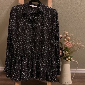 LOFT - Cherry peplum blouse - button up - silky - funky print